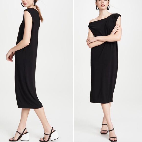 NEW Norma Kamali Drop One Shoulder Shift Midi Dress in Midnight Blue size small - Picture 2 of 10